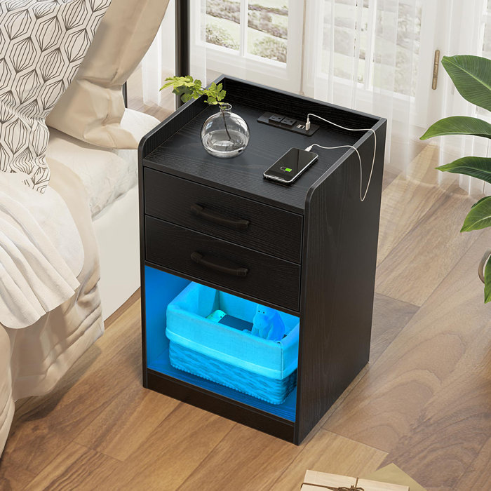 Orren Ellis Nightstand with Charging Station & LED Lights & Drawers & Reviews Wayfair